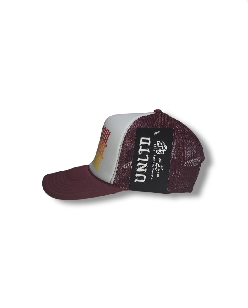 TRIPLE LOGO TRUCKER HAT - MAROON/YELLOW